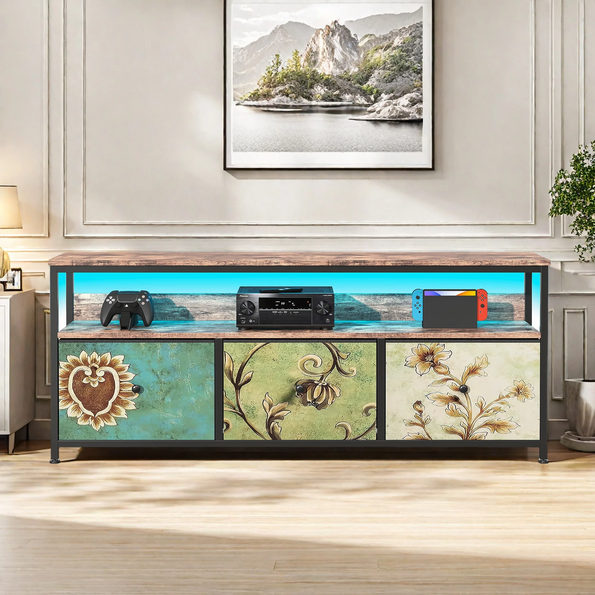 Rosahqnda Meuble TV moderne avec 3 tiroirs et LED en tissu, table TV, meuble TV, meuble TV, meuble de salon, design vintage, cadre en fer