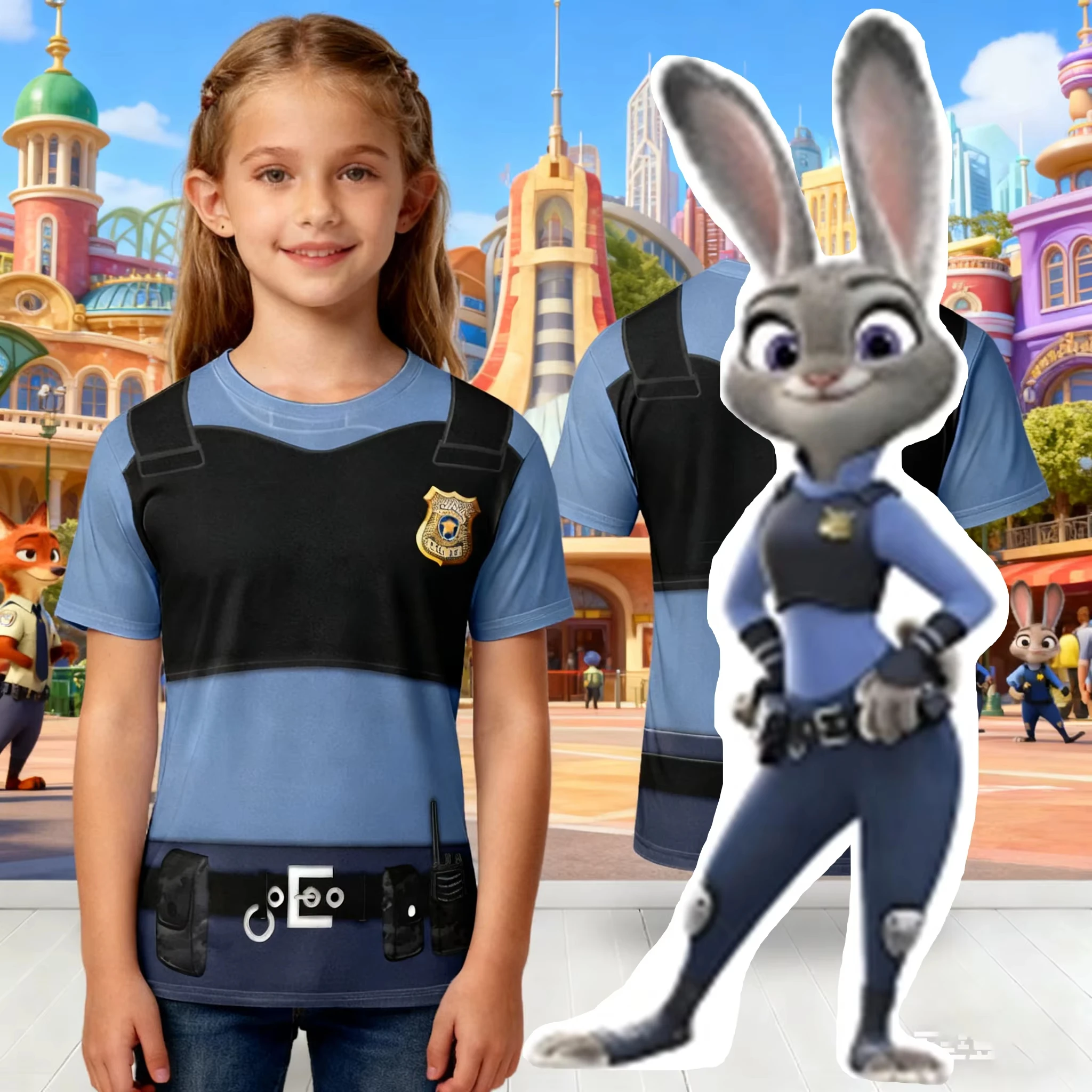 Judy Hopps Kinder-Teenager-Kurzarm-T-Shirt von Zootopia 2, COS Cartoon Cosplay 3D-gedrucktes T-Shirt, Sommer-Top, GESCHENK Image