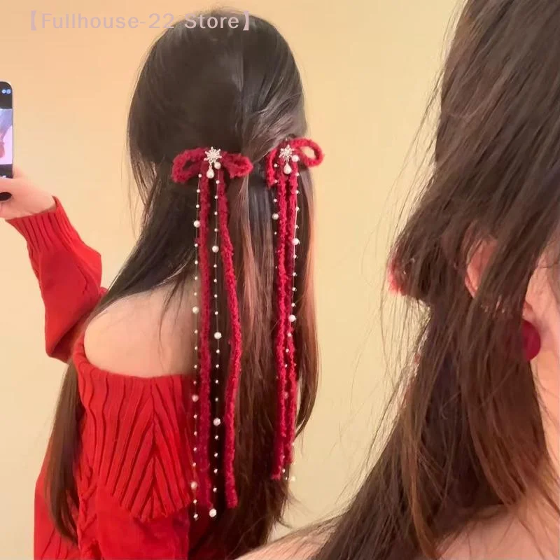 【MAX-22】 Süße rote Schneeflocken-Haarspange mit Schleife für Frauen und Mädchen, Ballett-Stil, vielseitiger Seitenclip, Haarschmuck, Neujahrsgeschenke Image