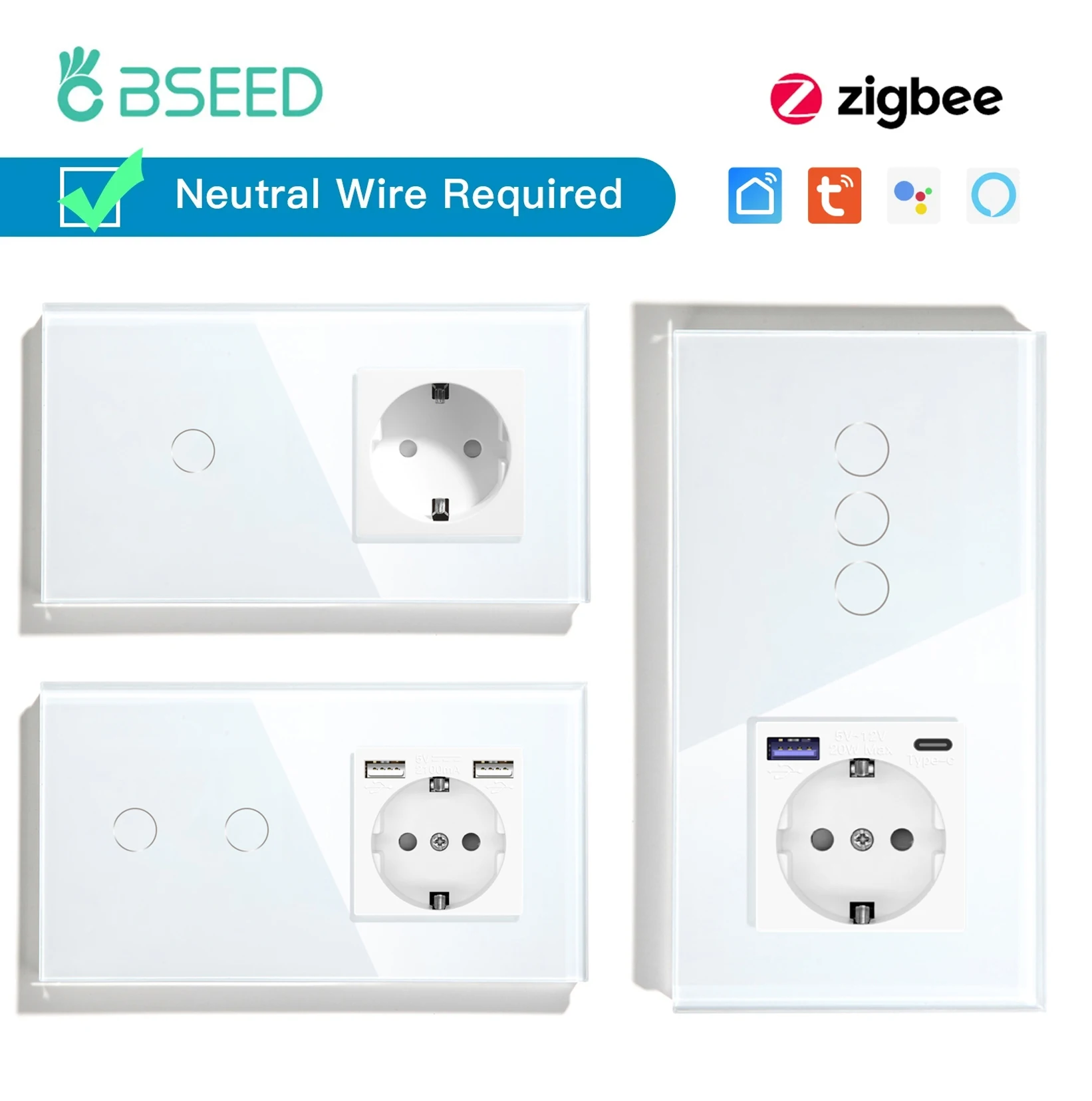 BSEED ZigBee Touch Schalter 1/2/3Gang 1/2/3Way Sensor Wand Licht Schalter Smart tuya Alexa Mit EU Standard Typ-c Steckdose Image