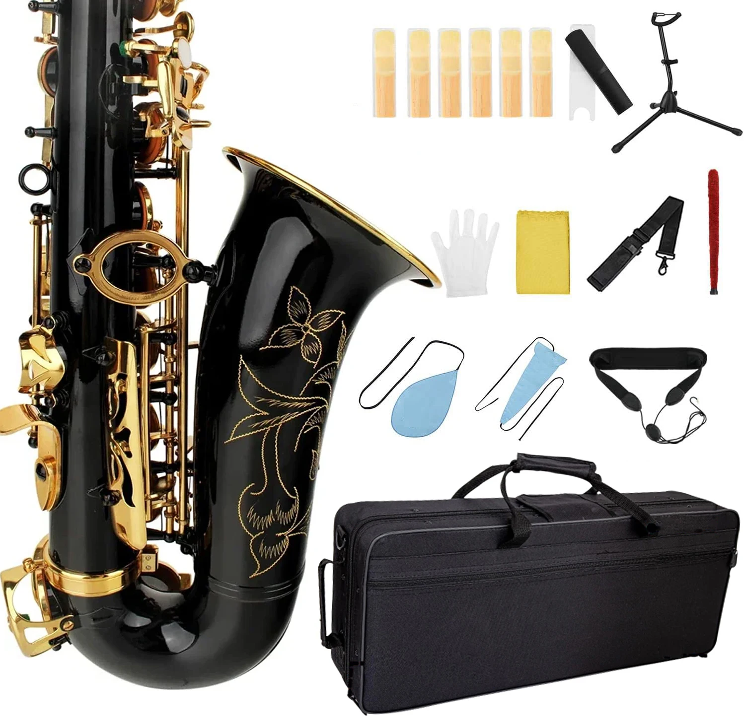 Schwarz Gold Eb Altsaxophon für Anfänger Erwachsene Messing E Flat Key Type Saxophon Holzblasinstrument mit Kofferband Handschuhteil Image