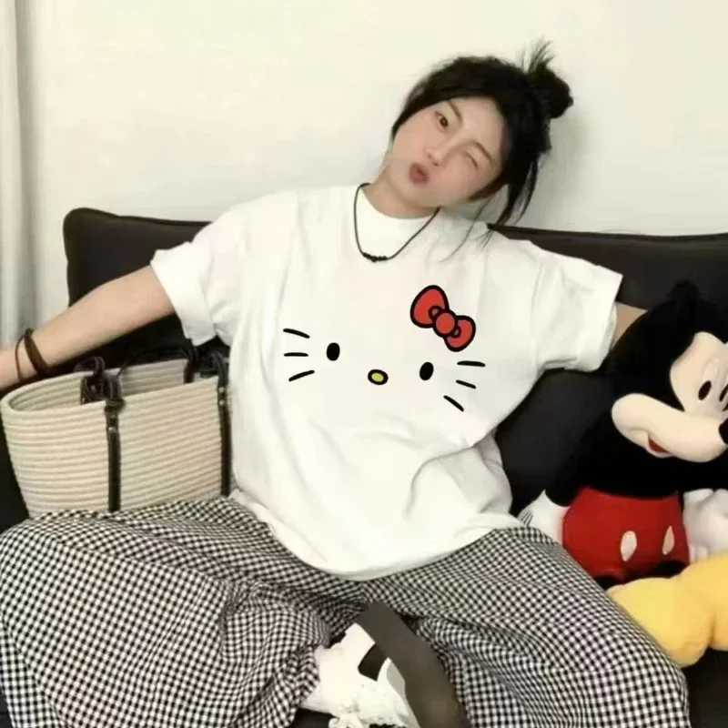 Hello Kitty Cartoon 2025, einfaches, lockeres, süßes Rundhals-Casual-Trend-Sommer-Baumwoll-Kurzarm-T-Shirt, modisches Y2K-Top-T-Shirt