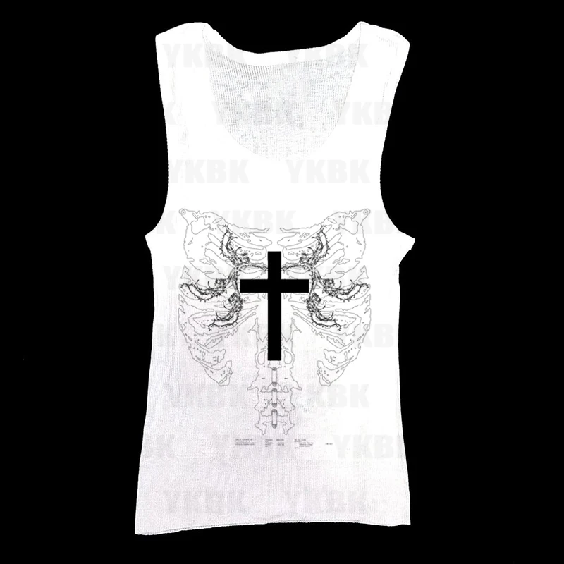 Gothic Porträt Druck T-shirt Ästhetischen Y2K Druck Ärmel Weste Tees Harajuku Streetwear Weiß Hosenträger Anime Frauen Kleidung