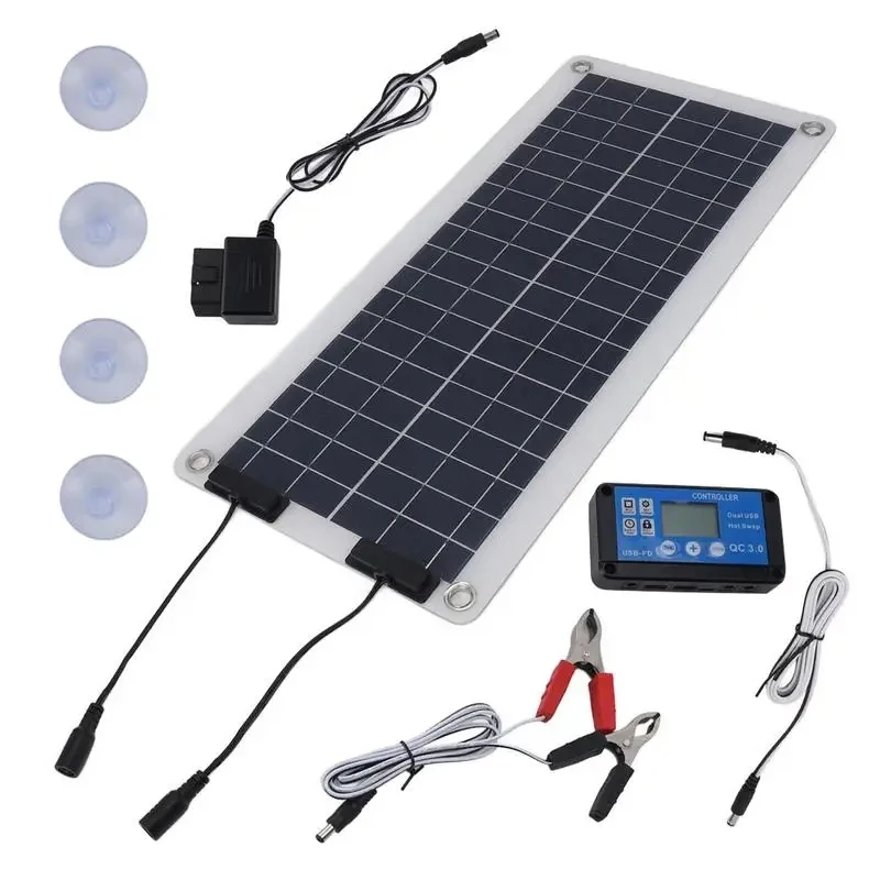 Solarpanel-Ladegerät, 100 W, wasserdichtes Erhaltungsladegerät, Solarbatterie-Wartungsgerät, Dual-Ausgang für 12 V-24 V, Auto, Wohnmobil, Boot, Motorrad Image