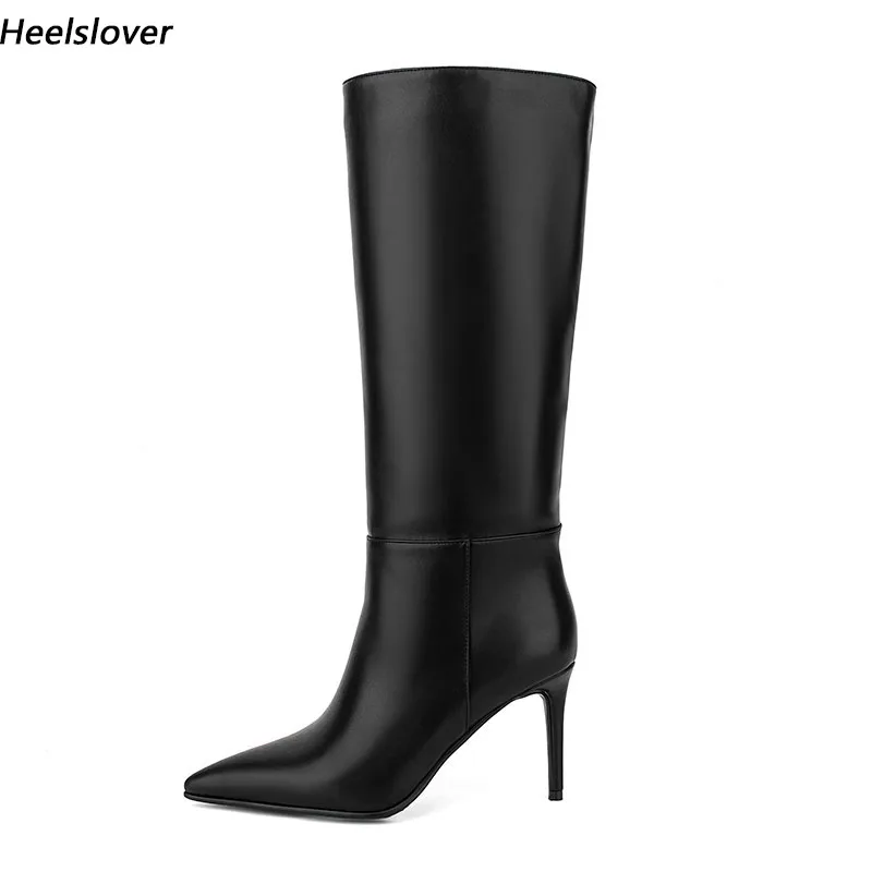 Ahhlsion Neue Mode Frauen Winter Mittlere Waden Stiefel Dünne High Heels Spitz Elegante Schwarz Club Schuhe Damen UNS Größe 5-15