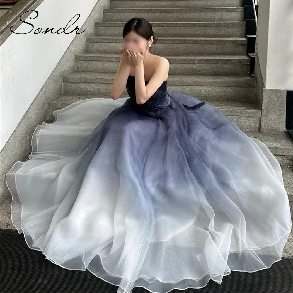 Sommer Farbverlauf Blau Elegante Ballkleider Koreanische Hochzeit Empfang Kleider Partykleid Performance Kleider Musik Wettbewerb Kleid