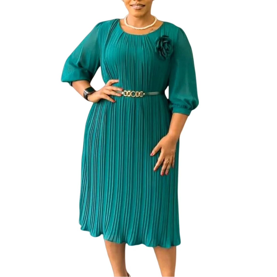 S-3XL Plus Size Afrikanische Kleider für Frauen Elegante 3/4 Ärmel Polyester Hohe Taille Plissee Midi Kleid Dashiki Afrika Kleidung Image