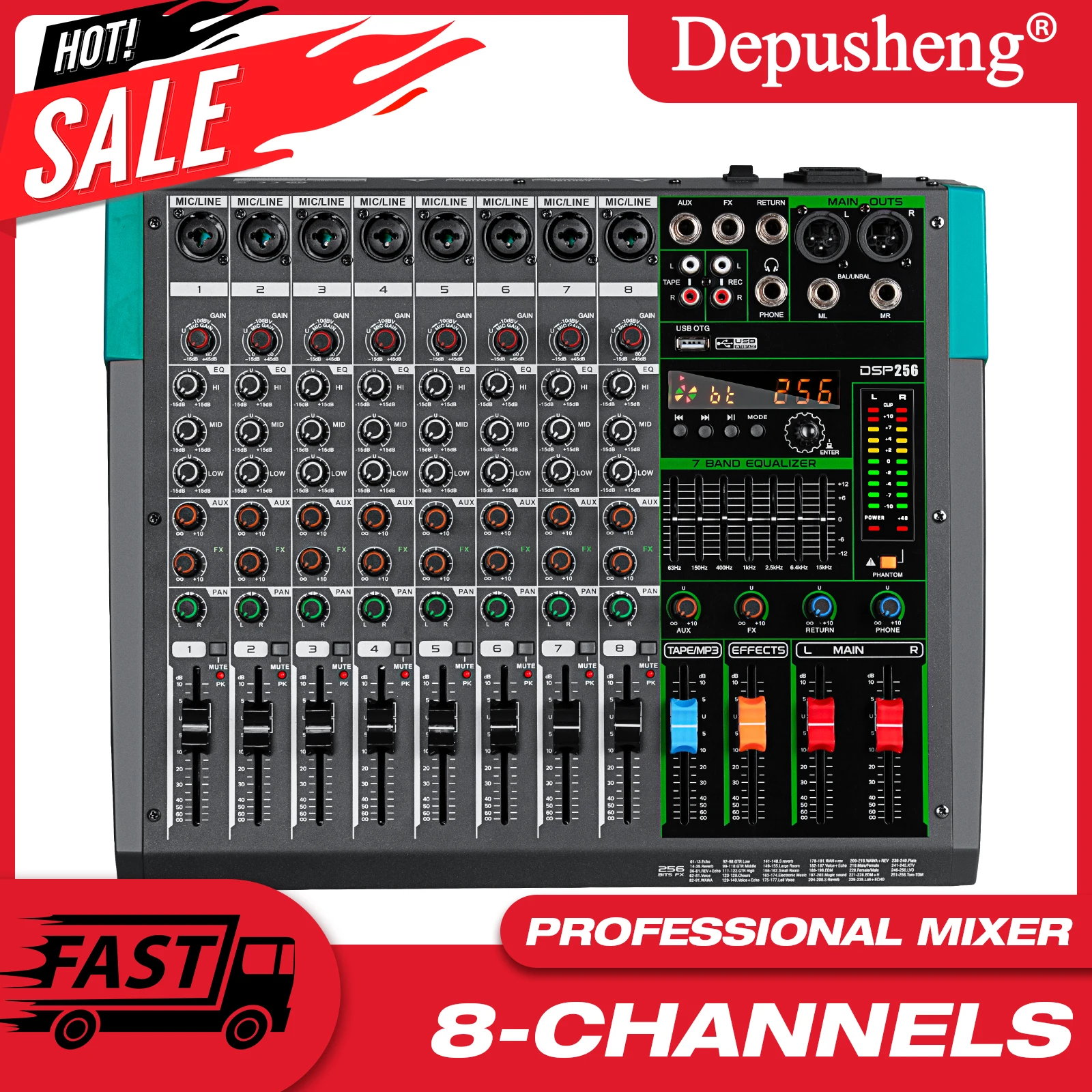 Professioneller 8-Kanal-DJ-Sound-Mischtabelle mit 256 DSP-Effekt, Audio-Mixer, Bluetooth, PC, USB, Wiedergabe, Aufnahme, Mischpult Image