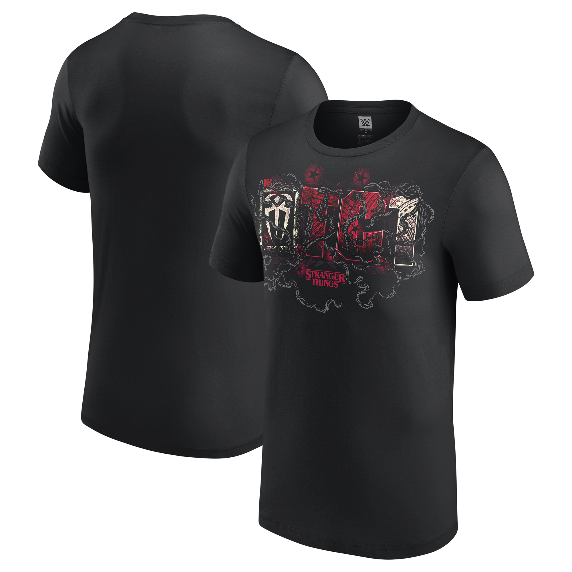 Schwarzes Roman Reigns WWE x Stranger Things T-Shirt für Herren Image