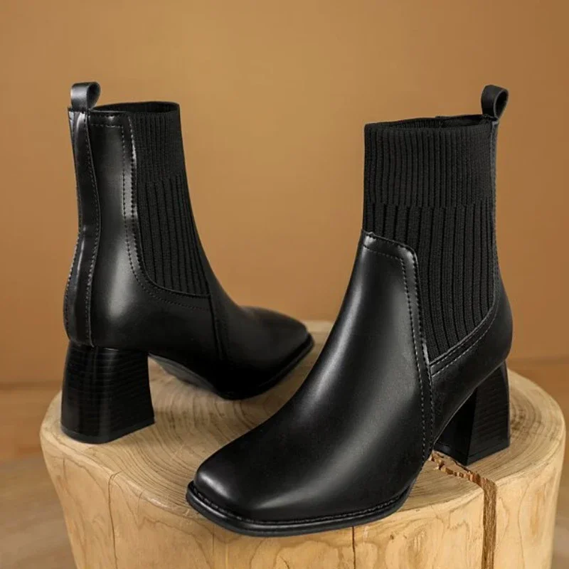 Mode frauen Schuhe Mit Hohen Absätzen Strickwaren Frauen Stiefeletten Komfortable Warme Frauen Schuhe Dicken Absätzen Büro Pumpen Neue Zapatos Mujer