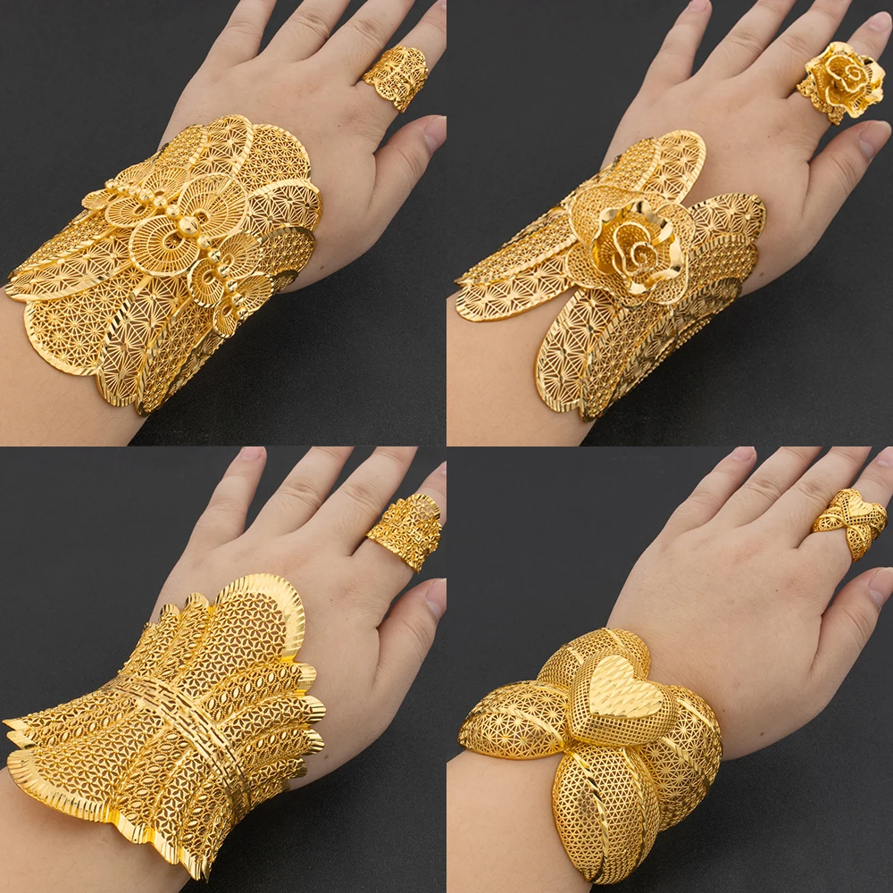 Afrikanische Manschette Armreifen mit Ringen Hochzeit Bankett Geschenke Frauen Charme verstellbare Ringe vergoldet Armreif Luxus Schmuck Zubehör Image