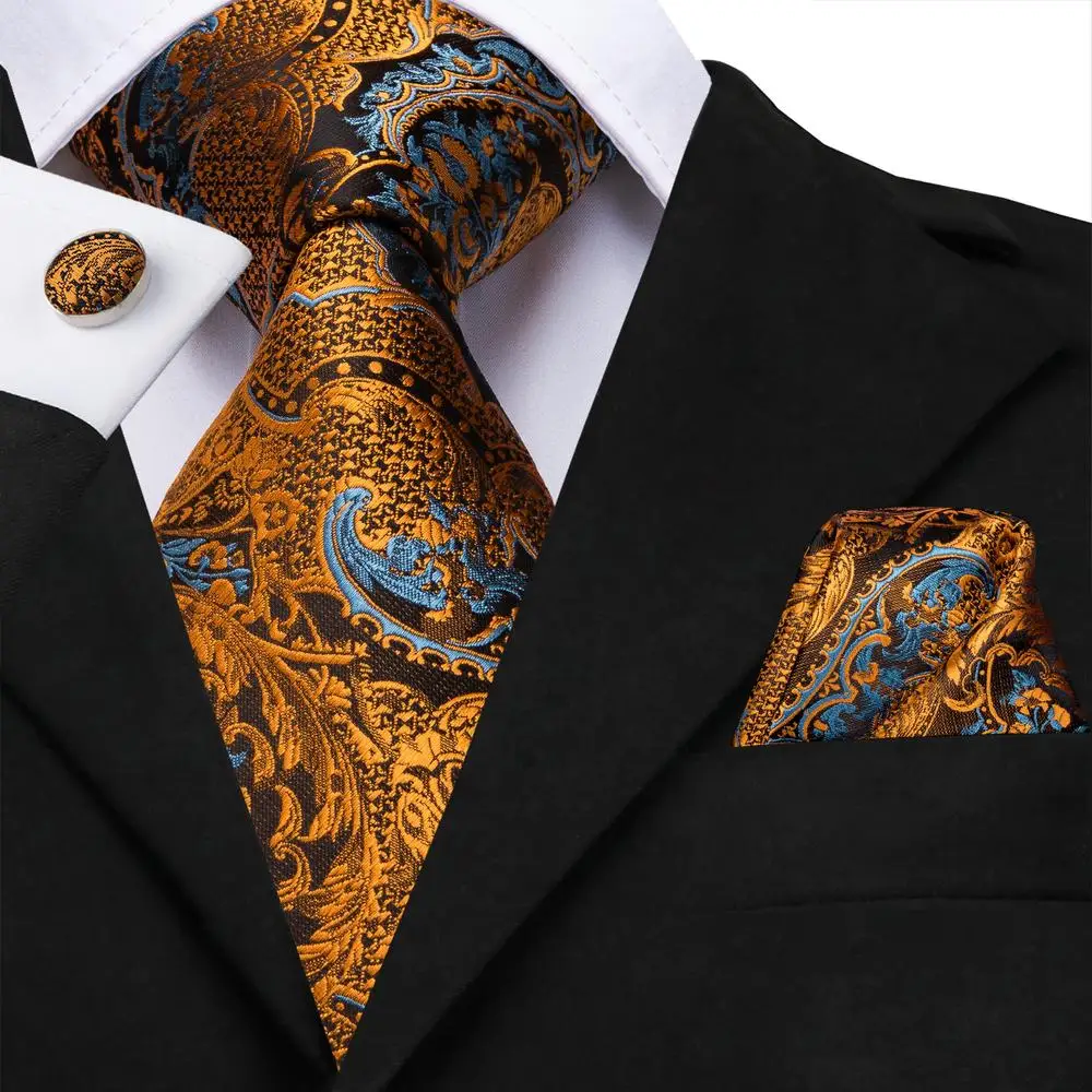 Cravatte da uomo di lusso in seta 100% Hi-Tie Cravatte floreali in oro nero Cravatta Paisley da taschino Gemelli Set Cravatta da festa di nozze da uomo