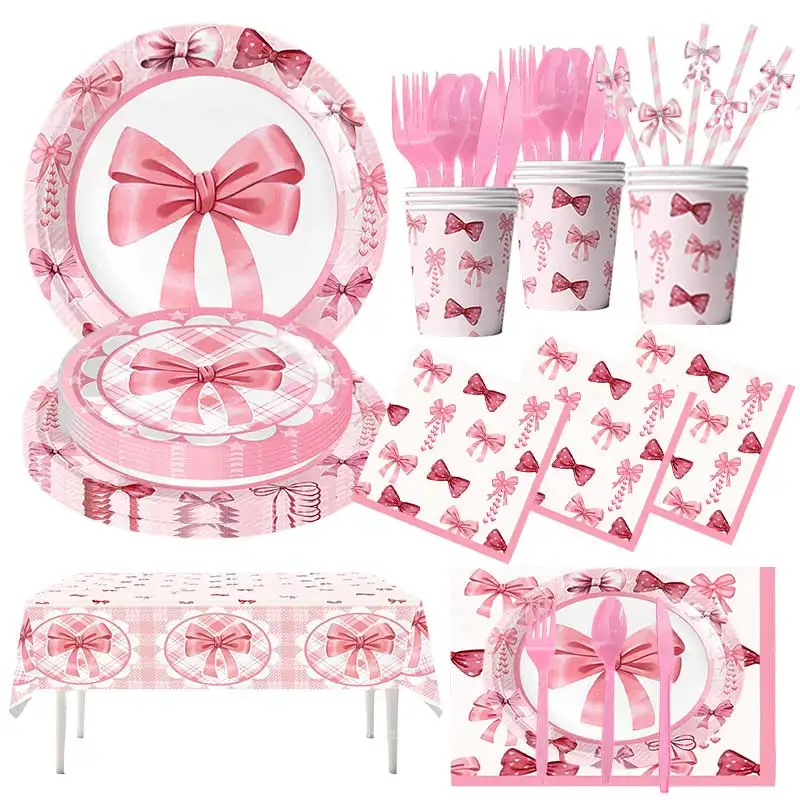 Fiocco rosa Decorazione di compleanno Stoviglie Piatti Tazze Tovagliolo Tovaglia per bambini Ragazze Fiocco Festa a tema Sfondo Banner Set di palloncini