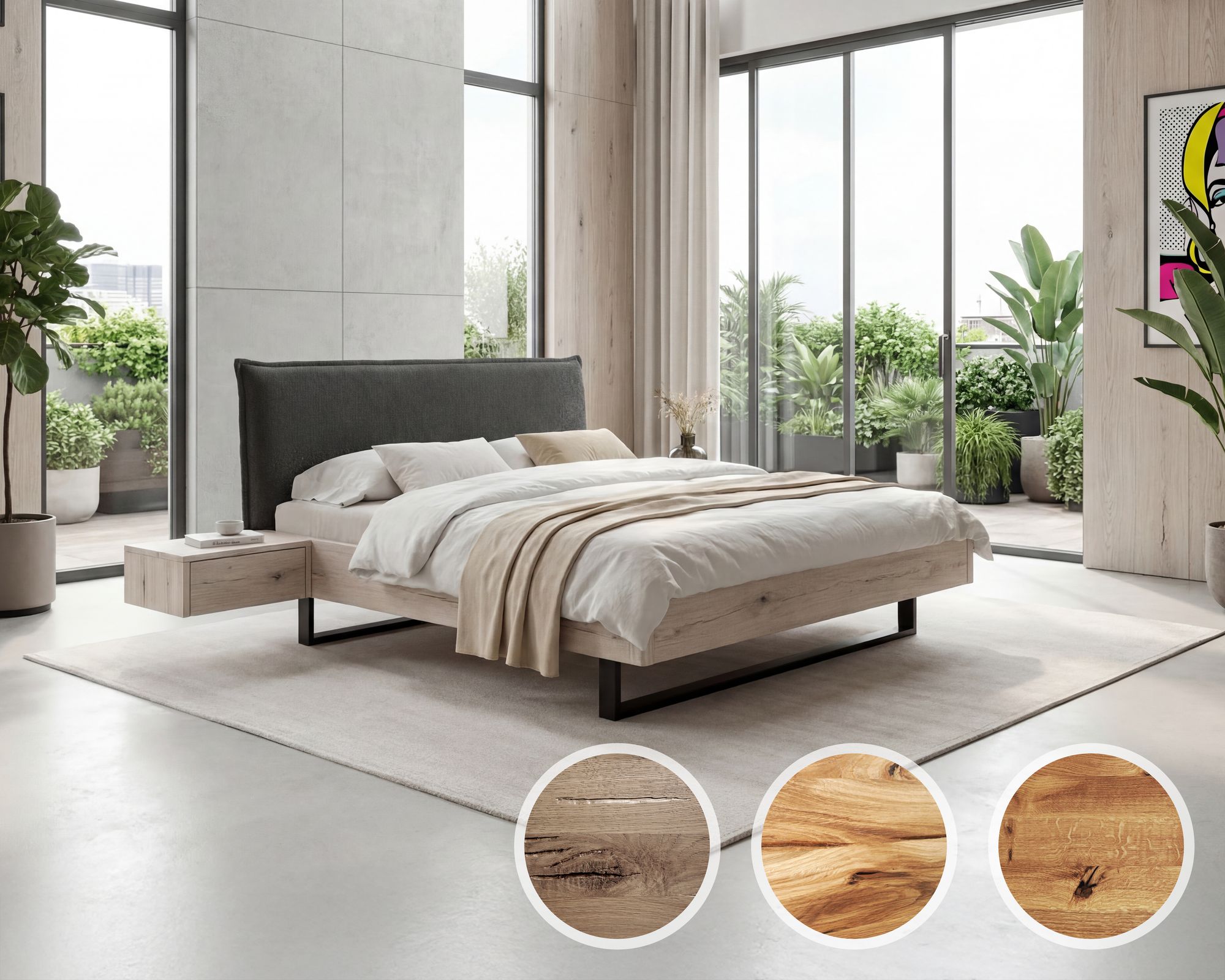 BlackWood »Nova Vita Contour III« Wildeiche Massivholzbett 160x200 cm / Wildeiche natur / Boucle Anthrazit Image