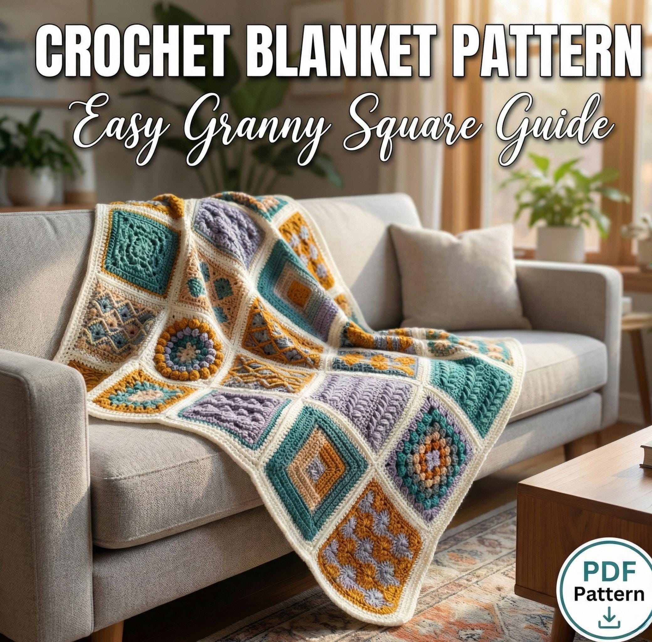 Schema per coperta all'uncinetto, Sampler di quadrati colorati della nonna, Sampler di quadrati misti per principianti, Coperta moderna all'uncinetto