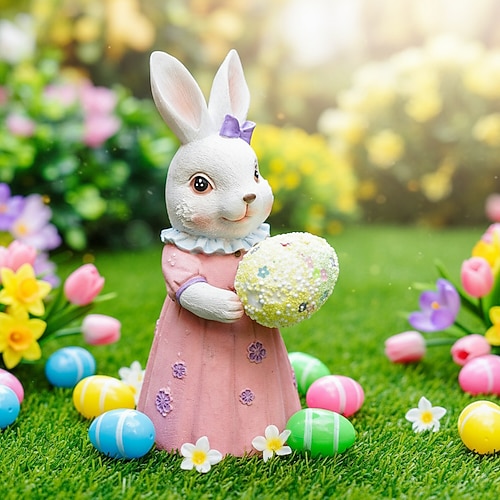 Osterhasenfigur aus Kunstharz, niedliche Cartoon-Hasenfigur, handgefertigte Osterdekoration aus Kunstharz für Zuhause, Tisch und Garten Gartendekoration