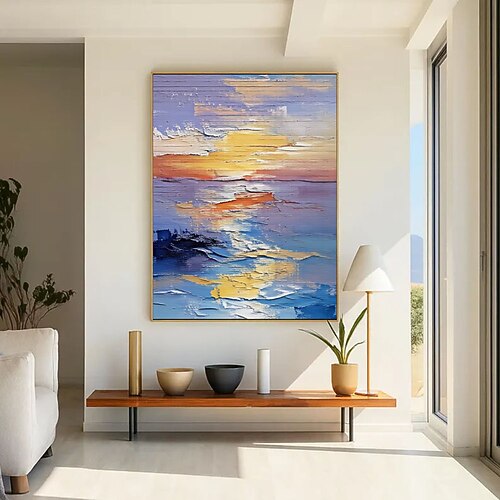 Großes, handgemaltes, abstraktes, farbenfrohes Ölgemälde mit Sonnenuntergangsmotiv auf Leinwand – individuelle Wanddekoration für Wohnzimmer und Zuhause. Image