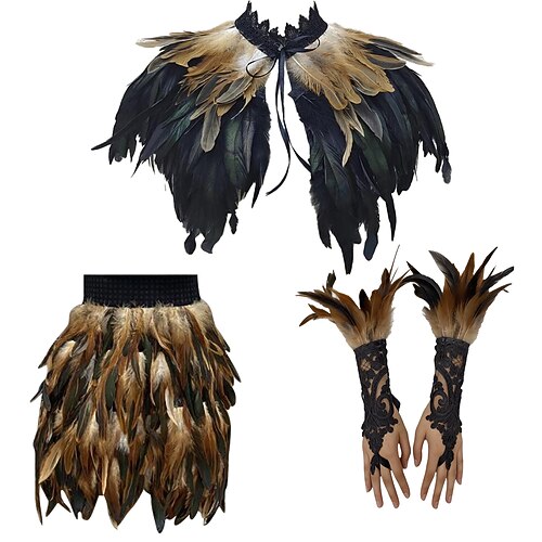 Karneval 2026 Rio Karneval Samba Zubehör 3Teile Damen Feder Kostüm Set Gothic Feder Umhang Minirock Lange Spitzen Handgelenk Manschetten Brasilien Festival Aufführung Kostüm Image