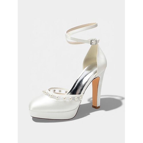 Elegante elfenbeinfarbene Damen-Plateau-Pumps mit Perlenbesatz, elegante Brautschuhe mit Knöchelriemen für die kirchliche Trauung Image