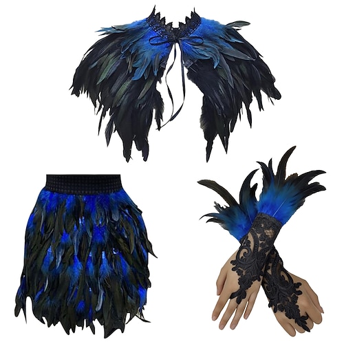 Karneval 2026 Rio Karneval Samba Zubehör 3Teile Damen Feder Kostüm Set Gothic Feder Umhang Minirock Lange Spitzen Handgelenk Manschetten Brasilien Festival Aufführung Kostüm Image