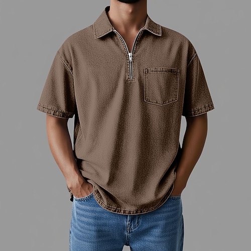SoftFade™ Herren Zip Polo Baumwoll T-Shirt Tägliche Kleidung Datum Viertelreißverschluss Kurze Ärmel Mode Basic Einfarbig Reißverschlusstasche Frühling Sommer Sommer Frühling Reguläre Passform Image