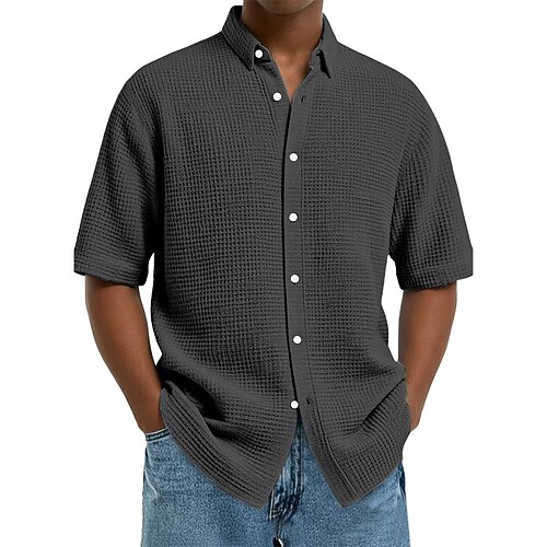 Herren Hemd Waffelhemd Textur Freizeithemd Knopfhemd Schwarz Weiß Wein Marineblau Himmelblau Kurzarm Einfach Revers Täglich Streetwear Bekleidung Mode Modern Lässig Bequem Image