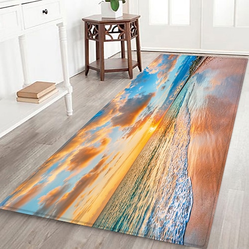 Flurläufer mit Strandmotiv, Flanellstoff, bedruckt, Heimdekoration, Eingangsbereich, staubdichte Fußmatte, saugfähiges, weiches Badezimmerkissen Image