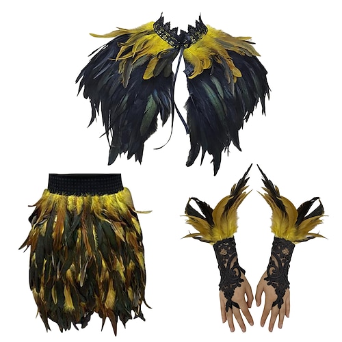 Karneval 2026 Rio Karneval Samba Zubehör 3Teile Damen Feder Kostüm Set Gothic Feder Umhang Minirock Lange Spitzen Handgelenk Manschetten Brasilien Festival Aufführung Kostüm Image
