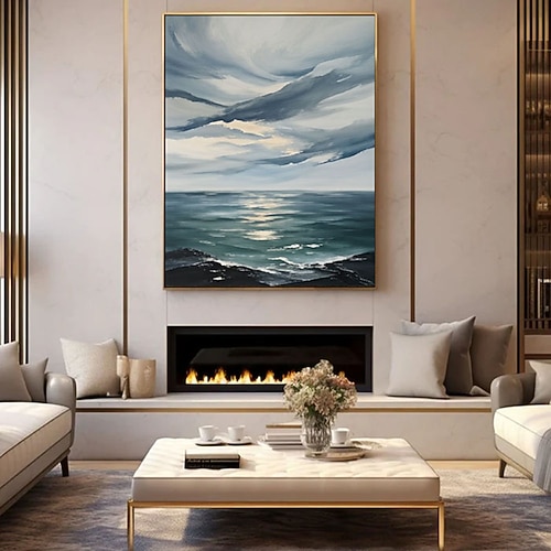 Abstraktes Gemälde, handgefertigt auf Leinwand, 100 % handgemaltes Ölgemälde, Sonnenaufgang, Meereswellen, Landschaft, strukturiertes Kunstwerk, originelles abstraktes extra großes Wandbild für Image