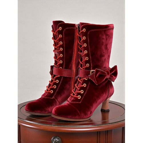 Grüne, kniehohe Schnürstiefel aus Samt mit Schleife – Vintage-Stiefel im Stil der 1920er Jahre für Karneval und festliche Anlässe Image