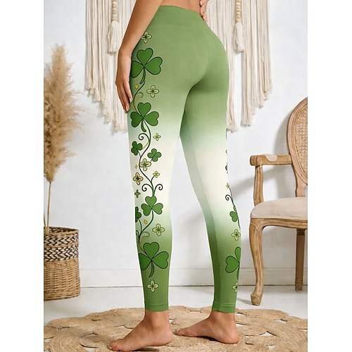 St. Patrick Frauen Leggings Urlaub Basic Lässig Vollständig Hochbundhose Grafik Farbverlauf Kleeblatt Komfort Weich Bequem Dehnbar Täglich Outdoor Urlaub Dunkelgrün Grün Sommer Frühling Herbst Image