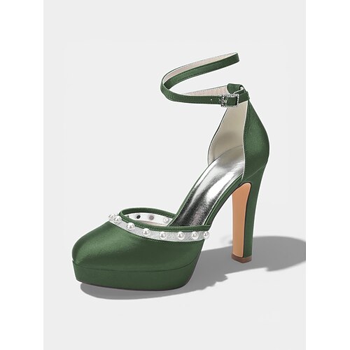Elegante elfenbeinfarbene Damen-Plateau-Pumps mit Perlenbesatz, elegante Brautschuhe mit Knöchelriemen für die kirchliche Trauung Image