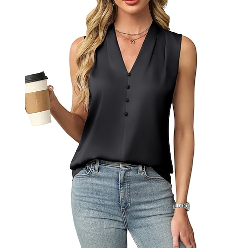 Damen Elegant Satin-Top T Shirt Tank Top Knöpfe Einfarbig Grafik Einfach Elegant Mode Stilvoll Ärmellos V Ausschnitt Normale Oberteile Täglich Ausgehen Wochenende Schwarz Weiß Marineblau Khaki Beige Image