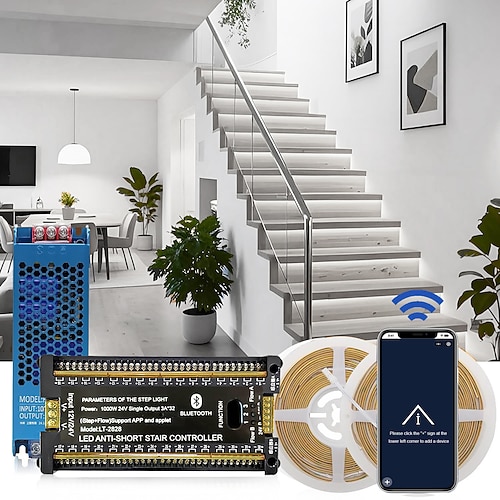 Intelligentes, per Bluetooth-App gesteuertes LED-Treppenbeleuchtungsset mit Bewegungsmelder, bestehend aus 12–32 LED-Streifen (1,25 m), die individuell kürzbar sind, inklusive Schalter und Image