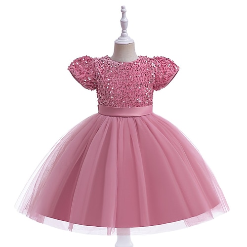 Kinder Mädchen Partykleid Einfarbig Kurzarm Besonderer Anlass Geburtstag Prinzessin Süß Polyester Midi Partykleid Sommer Frühling Herbst Kinder Blau Weiß Champagner Image