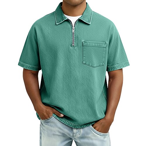 Herren Baumwoll-Poloshirt Golfshirt Alltagskleidung Date Viertelreißverschluss Kurzarm Mode Basic Einfach Reißverschluss Tasche Sommer Frühling Frühling Sommer Normale Passform Armee-Grün Schwarz Image