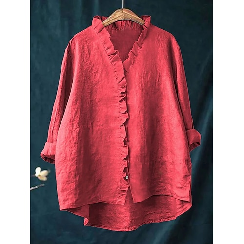 Ostern Damen Tunika Freizeithemd Knopfhemd Bluse Rüsche Einfarbig Urlaub Vintage Täglich Langarm V Ausschnitt Lange Oberteile Arbeit Strand Ferien Blau Weiß Gelb Rote Grau Sommer Frühling Herbst Image