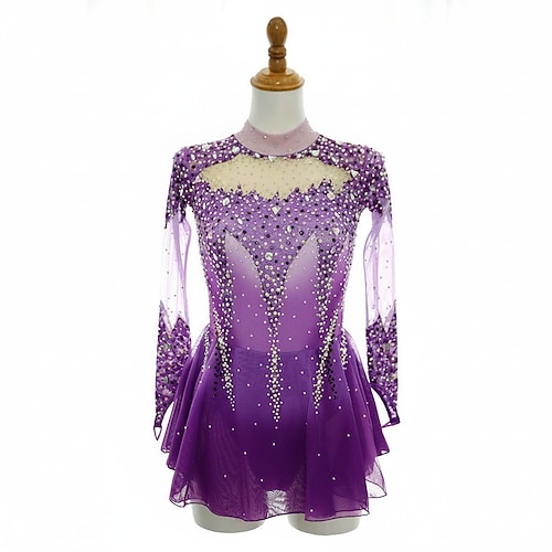 Eiskunstlaufkleid Damen Eislaufen Kleid Purpur Patchwork Asymmetrischer Saum Spandex Netzstoff Hohe Elastizität Training Wettbewerb Eiskunstlaufkleidung Klassisch Kristall / Strass Langarm Eislaufen Image