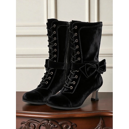 Grüne, kniehohe Schnürstiefel aus Samt mit Schleife – Vintage-Stiefel im Stil der 1920er Jahre für Karneval und festliche Anlässe Image