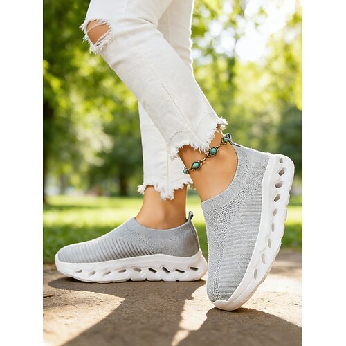 Grüne, atmungsaktive Flyknit-Slipper für Damen – moderne, leichte Sportschuhe mit Hohlsohle für Spaziergänge, Fitnessstudio und Alltag Image