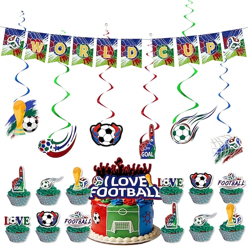 WM-Fußballparty-Deko-Set, Fußball-Geburtstagsdeko mit Banner, Luftballons und Kuchen Cupcake-Topper, hängende Spiralen für Jungen, Kinderparty Image