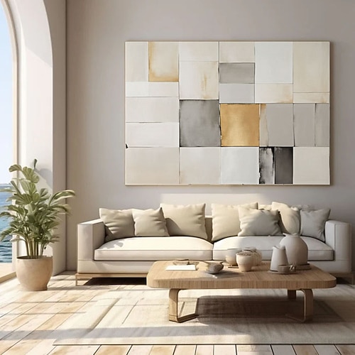 Originales, handgemaltes Ölgemälde in strukturierter weißer Blockoptik auf Leinwand – ein modernes, geometrisches 3D-Wandbild für das Wohnzimmer. Image