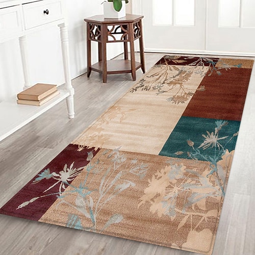 Flurläufer, minimalistisch, mit geometrischem Pflanzenmuster, Flanellstoff bedruckt, rutschfest, weich, für Eingangsbereich, Badezimmer Image