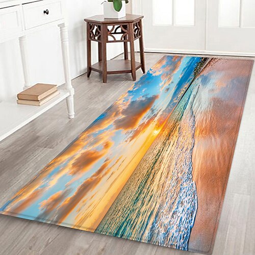 Flurläufer mit Strandmotiv, Flanellstoff, bedruckt, Heimdekoration, Eingangsbereich, staubdichte Fußmatte, saugfähiges, weiches Badezimmerkissen Image