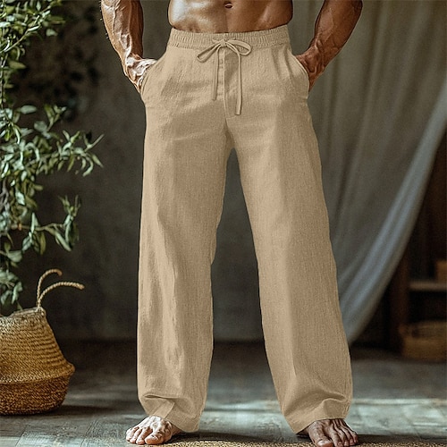 Herren Leinenhosen Hose Sommerhose Baggy-Hosen Strandhose Kordelzug Elastischer Bund Gerader Schnitt Einfach Komfort Atmungsaktiv Volle Länge Lässig Täglich Ferien Urlaub Mode Blau Schwarz Image