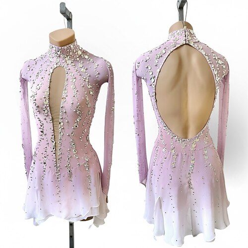 Eiskunstlaufkleid Damen Eislaufen Kleid Rosa Patchwork Offener Rücken Spandex Netzstoff Hohe Elastizität Training Wettbewerb Eiskunstlaufkleidung Klassisch Kristall / Strass Langarm Eislaufen Image