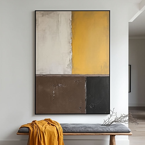 Großes abstraktes Ölgemälde, handgemalt in warmen Acrylfarben auf Leinwand, originelles gelbes und schwarzes Leinwandbild, moderne minimalistische Wandkunst für Wohnzimmer und Zuhause Image