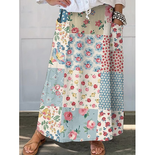 Frauen Lässige Maxi Mid Leinenähnliche Taillenröcke Floral Patchwork Unelastisch Alltag Urlaub Blau Grün Sommer Polyester Image