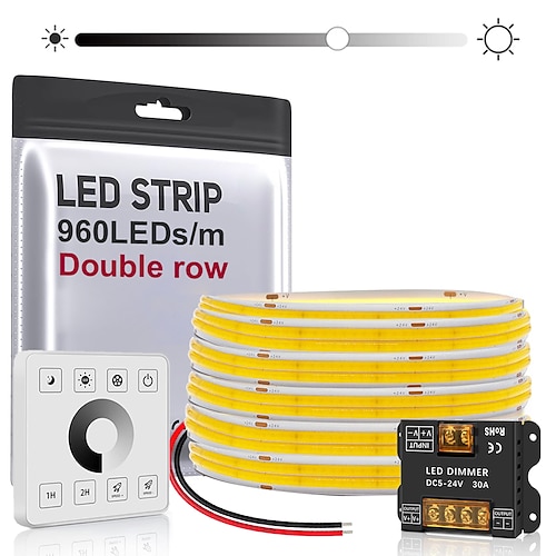 24-V-Doppelreihen-COB-LED-Streifen, 2,5 m (8,2 ft) / 5 m (16,4 ft), warmweißes, natürliches Licht, CRI 95, 960 LEDs/m, 190 W Hochleistungs-LED-Bandlampe mit optionalem Controller und Netzteil für den Image