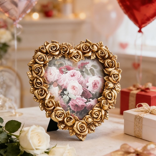 Goldener, herzförmiger Bilderrahmen mit Rosenmotiv, herzförmiger Bilderrahmen aus Kunstharz, dekorativer Bilderrahmen zum Valentinstag Wohndekoration Image